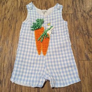 Mud Pie Light Blue Checkered Romper with Carrot Appliqué